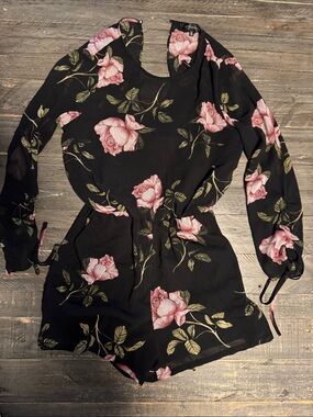 Dynamite | Black Floral Long-Sleeve Romper with Pink Roses
